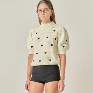 English Factory Heart Embroidered Puff Sleeve Sweater in white with black hearts